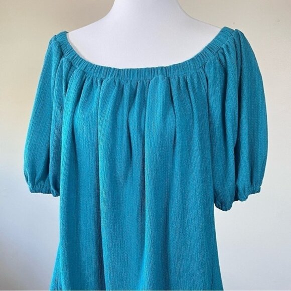 Anthropologie Elodie Turquoise Puff Sleeve Off Shoulder Top Large - Picture 3 of 12